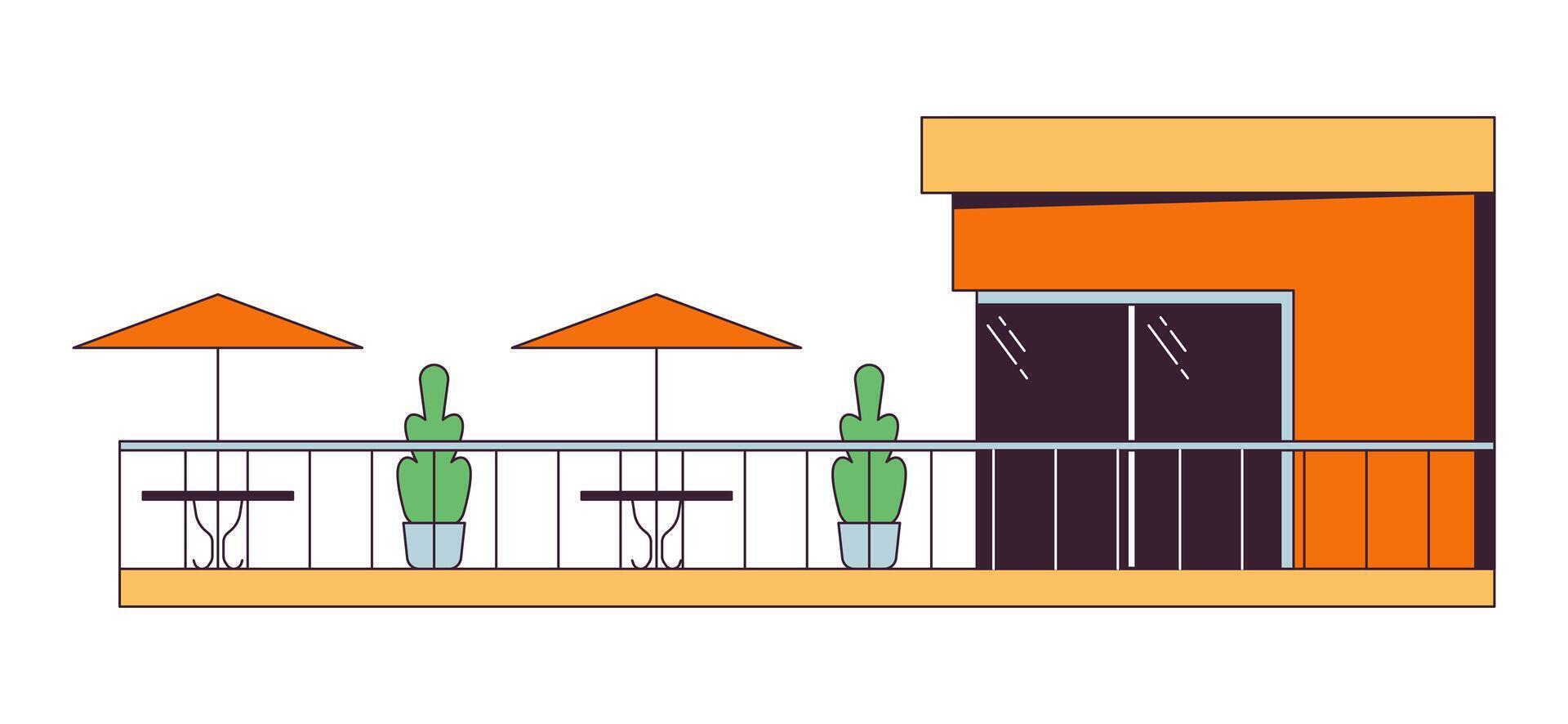 modern Kafé balkong 2d linjär tecknad serie objekt. samtida restaurang uteplats isolerat linje vektor element vit bakgrund. glas fönster byggnad terrass tabeller paraplyer Färg platt fläck illustration