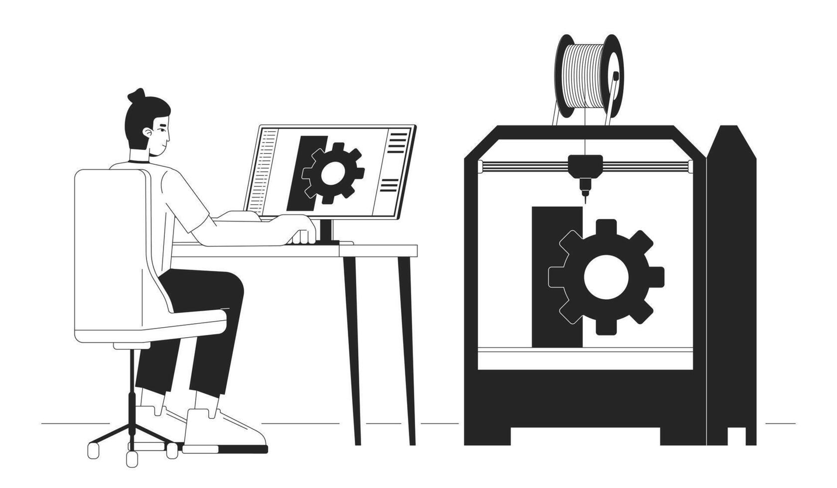 3d Drucken im mechanisch Ingenieurwesen schwarz und Weiß Karikatur eben Illustration vektor