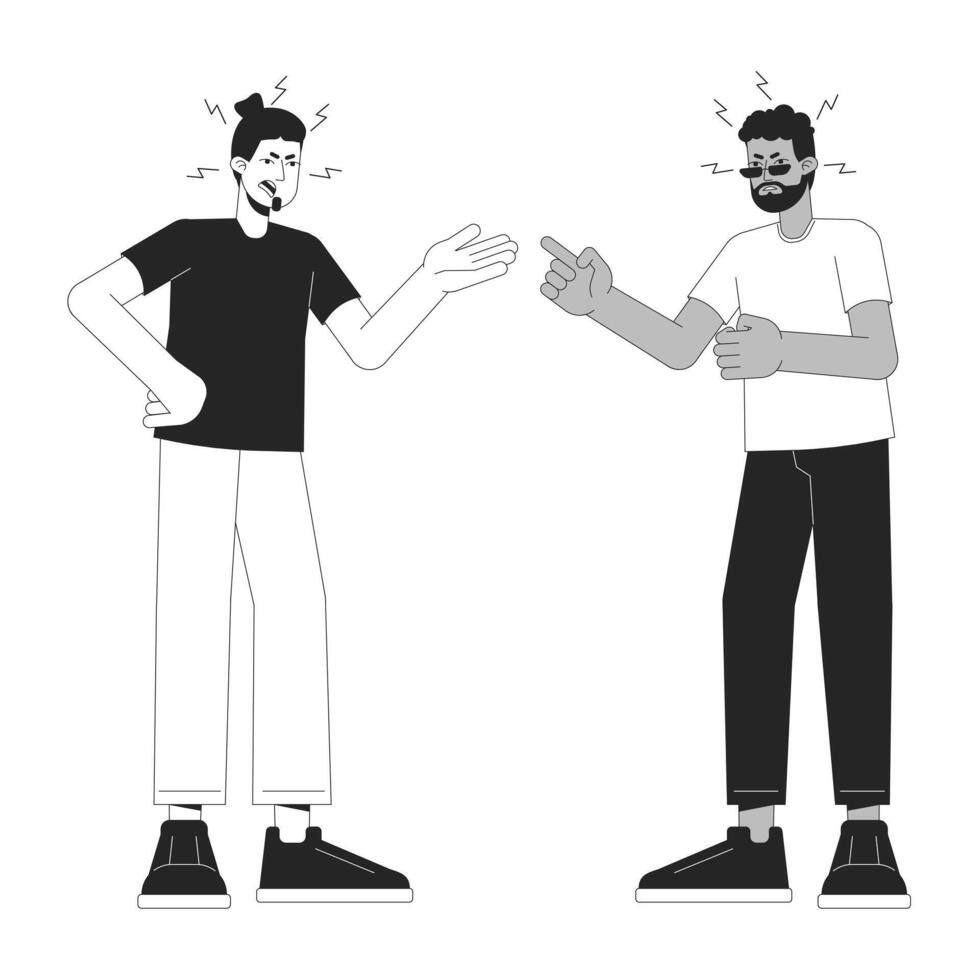två män argumenterar svart och vit tecknad serie platt illustration. manlig vänner, pojkvänner skrikande 2d linjekonst tecken isolerat. emotionell uttrycka, kropp språk svartvit scen vektor översikt bild