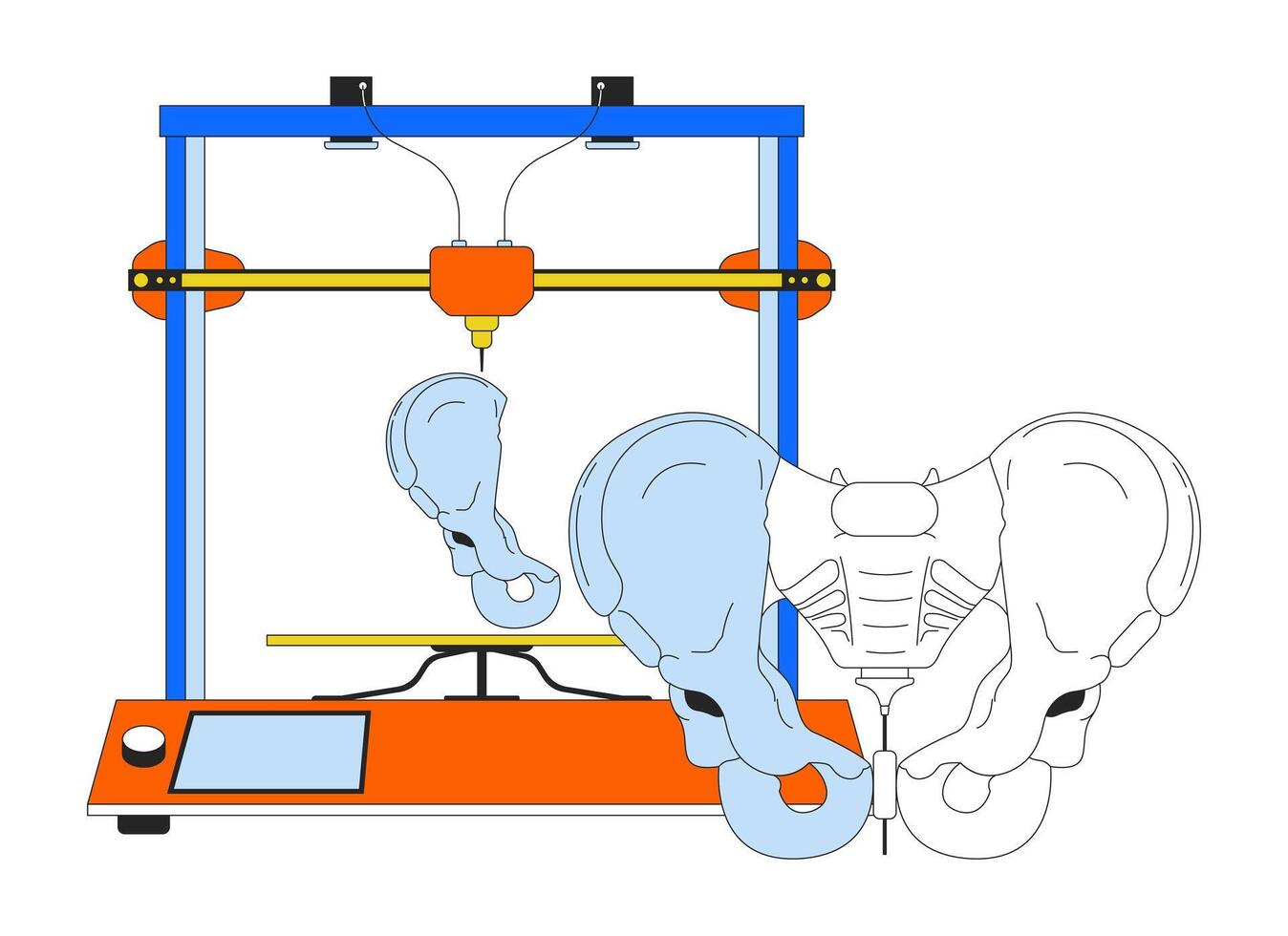 3d Drucken Becken Modell- Linie Karikatur Animation. schnell Prototyp entwickeln Prothese 4k Video Bewegung Grafik. weiblich Becken- Knochen medizinisch Drucker 2d linear animiert Objekt isoliert auf transparent Hintergrund vektor