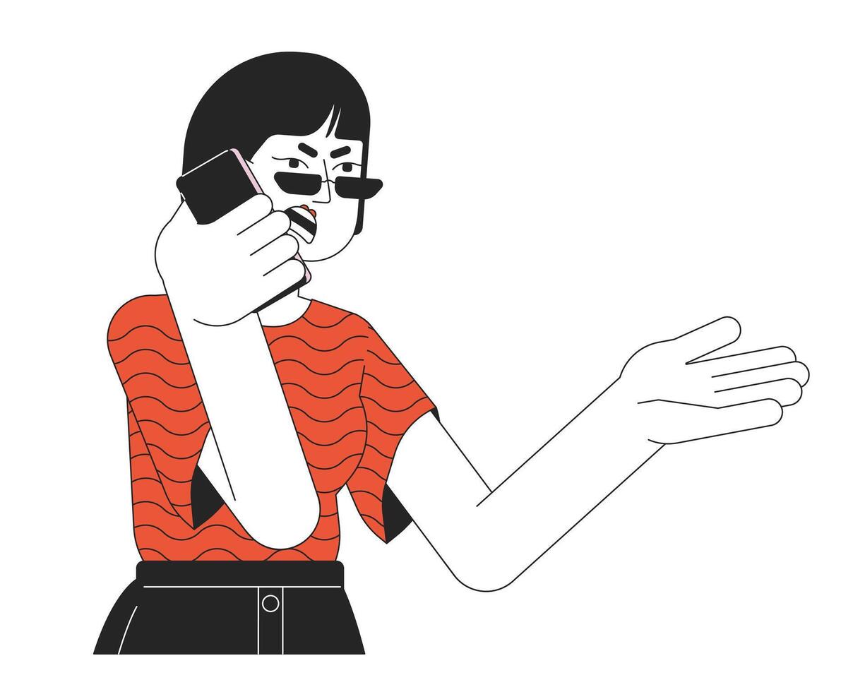 koreanska flicka skrikande in i telefon 2d linjär tecknad serie karaktär. konflikt över mobiltelefon kvinna isolerat linje vektor person vit bakgrund. emotionell kropp språk Färg platt fläck illustration