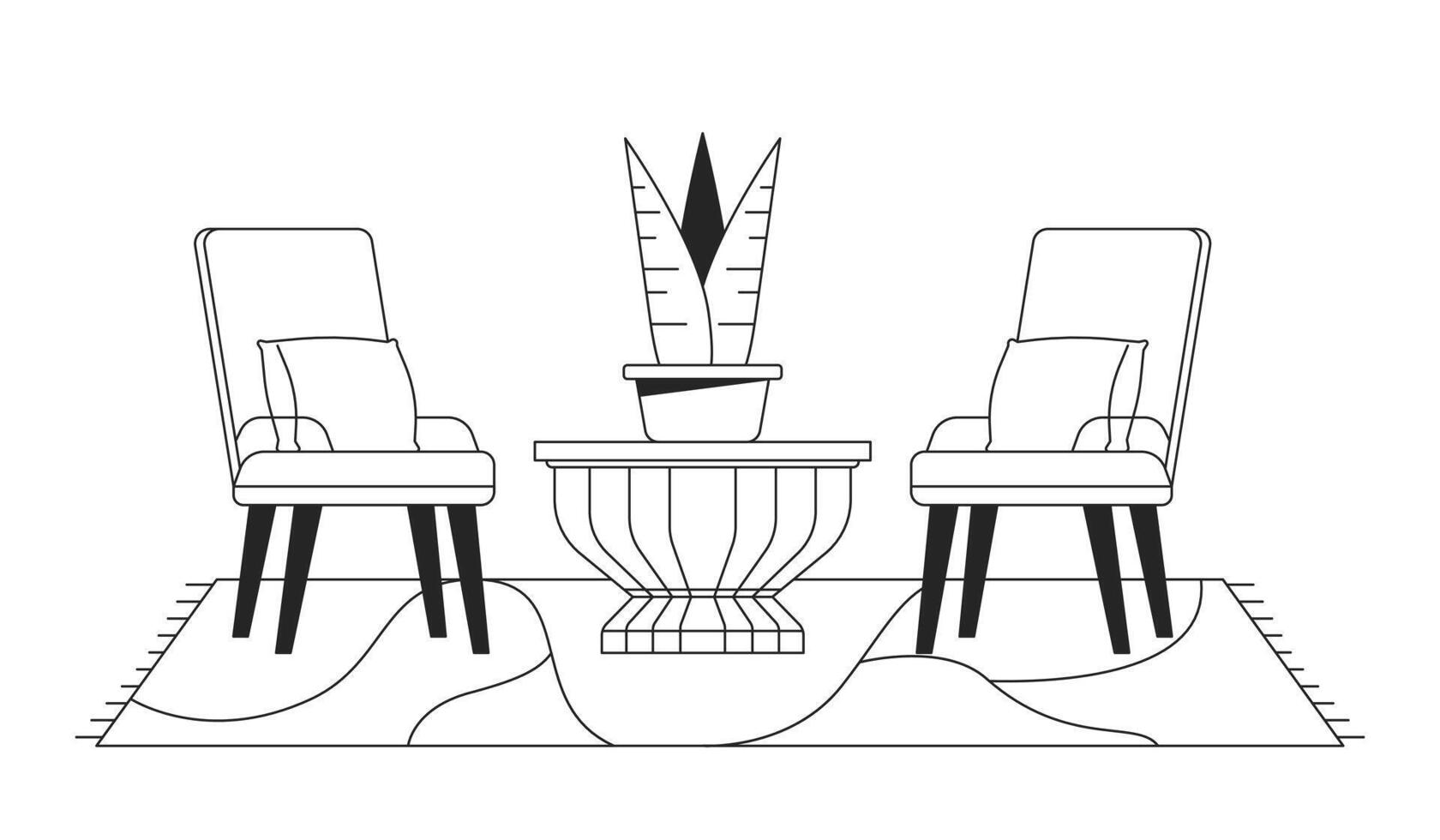 gemütlich Terrasse Sitzplätze Möbel schwarz und Weiß 2d Linie Karikatur Objekt. zwei Stühle Blumentopf isoliert Vektor Gliederung Artikel. Teppich Fußboden Abdeckung unter Sessel monochromatisch eben Stelle Illustration