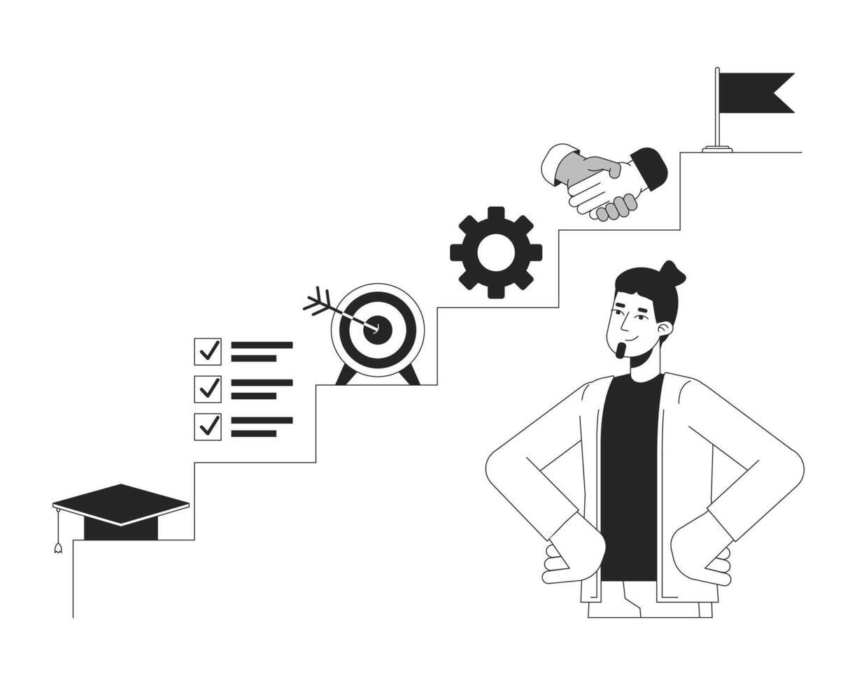 Planung Werdegang Pfad schwarz und Weiß 2d Illustration Konzept. führen das Weg. Mann Herstellung Fachmann planen Karikatur Gliederung Charakter isoliert auf Weiß. Zukunft Ambitionen Metapher einfarbig Vektor
