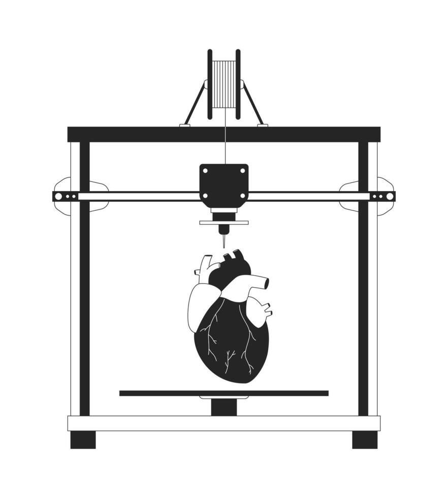 artificiell hjärta på 3d skrivare svart och vit 2d linje tecknad serie objekt. tillsats tillverkning enhet isolerat vektor översikt Artikel. teknologi tredimensionell enfärgad platt fläck illustration