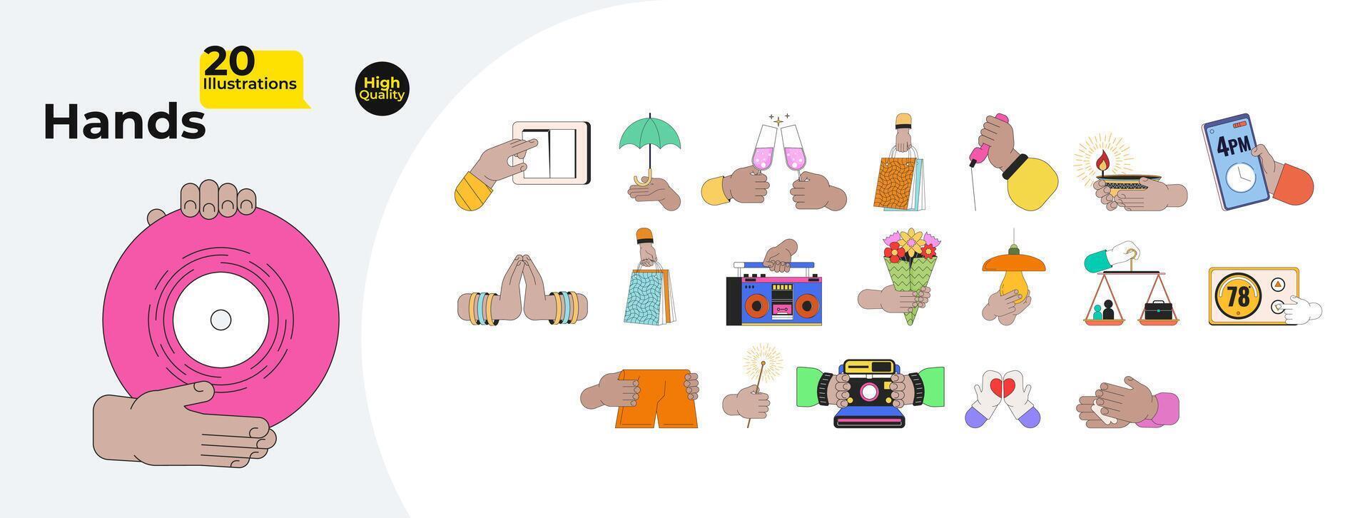 dagligen rutin- livsstil linjär tecknad serie händer illustration bunt. raser vuxna översikt 2d vektor bilder samling, vit bakgrund. retro aktiviteter fritid redigerbar platt Färg ClipArt uppsättning