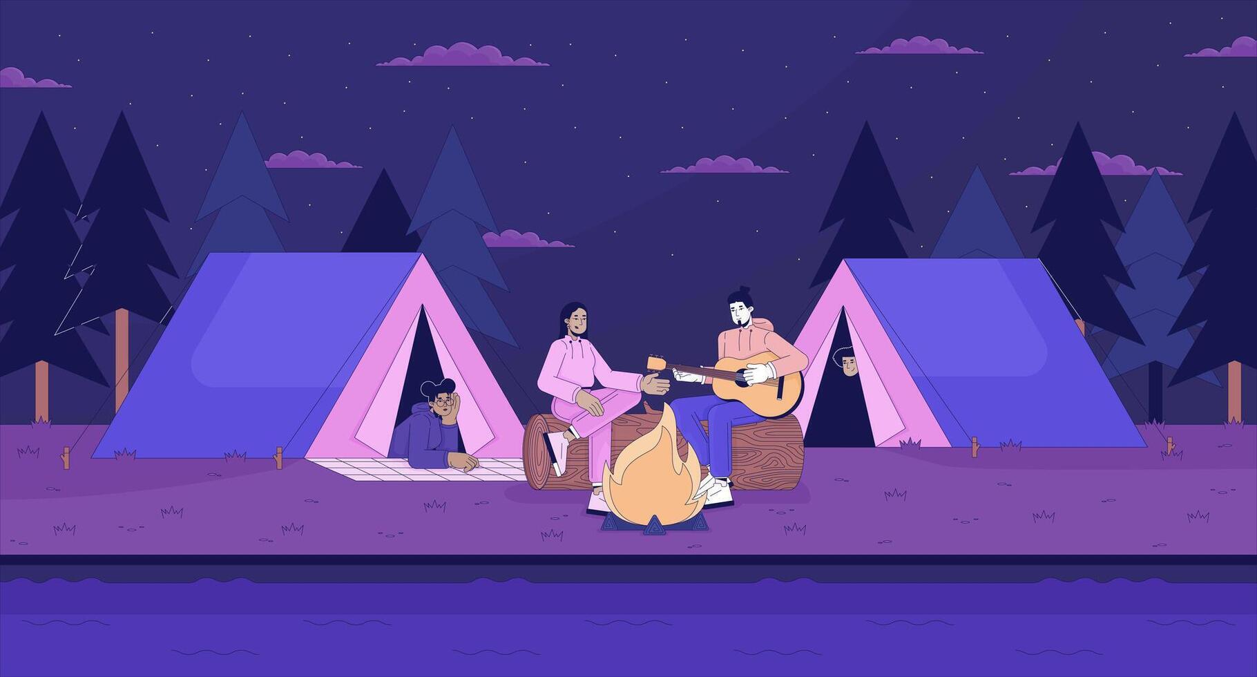 spelar gitarr vänner camping tält linje tecknad serie platt illustration. bål natt människor mångkulturell 2d linjekonst landskap bakgrund. känna nostalgisk nattetid. lo fi vibrafon scen vektor Färg bild