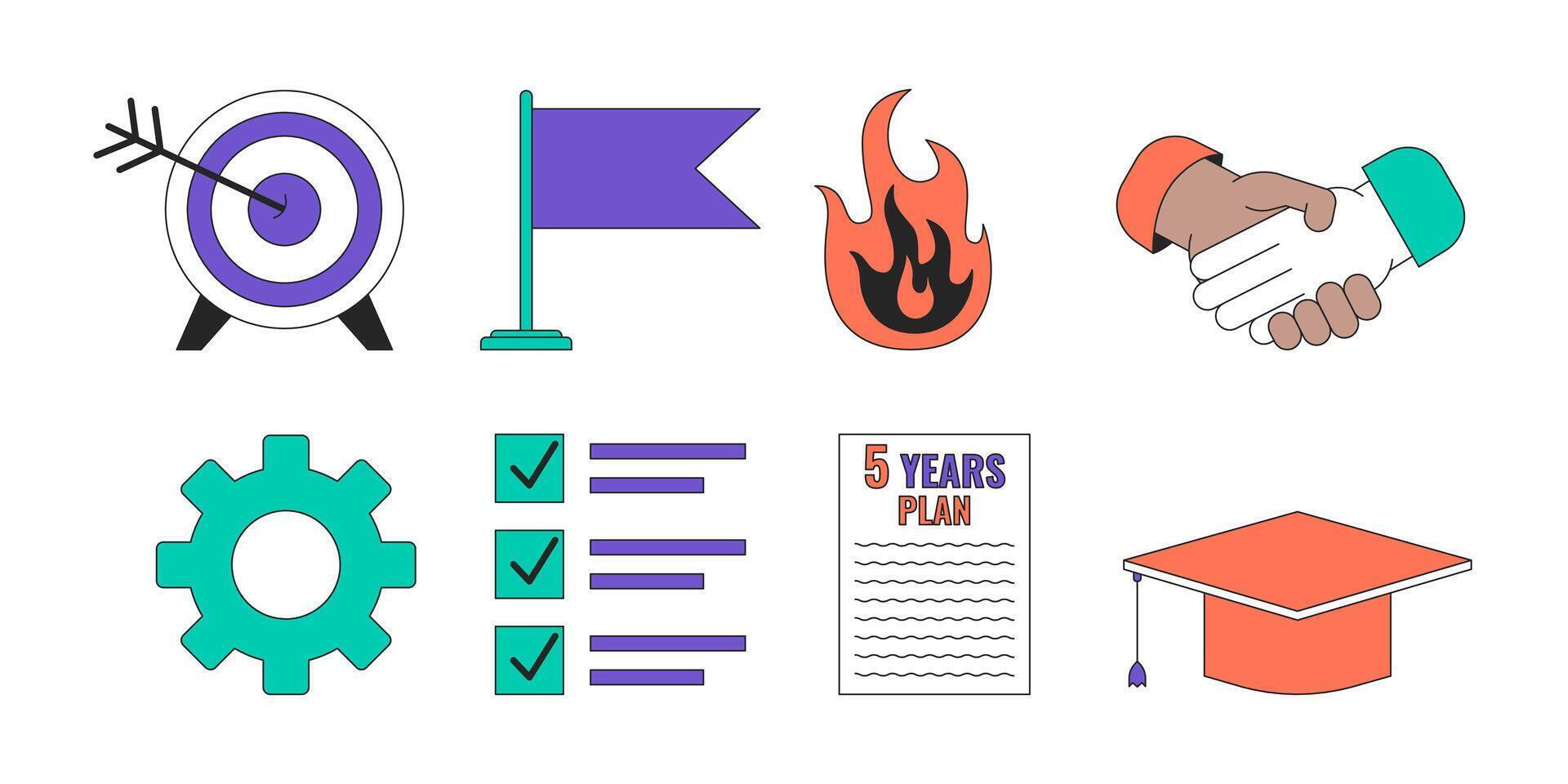 byggnad karriär 2d linjär tecknad serie objekt uppsättning. professionell utbildning prestation mål isolerat linje vektor element vit bakgrund. handslag, burnout Färg platt fläck illustration samling