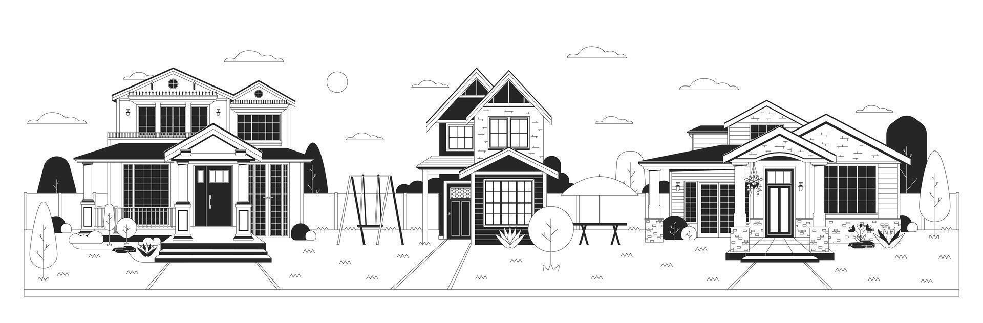 modern grannskap svart och vit tecknad serie platt illustration. framväxande bostads- område. exteriör byggnader 2d linjekonst objekt isolerat. familj vänlig stugor svartvit scen vektor översikt bild