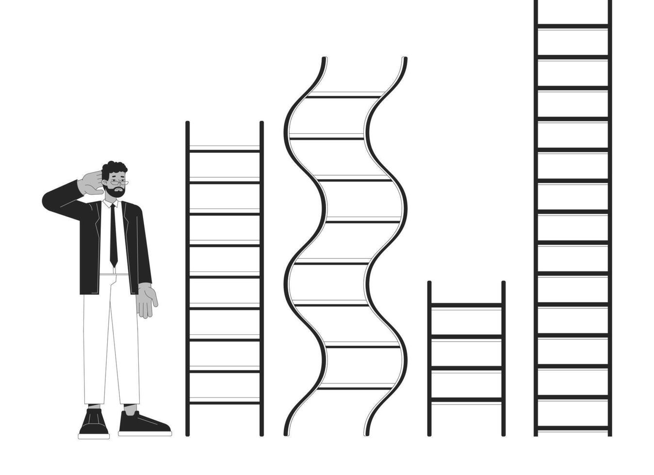 annorlunda karriär stegar svart och vit 2d illustration begrepp. förvirrad svart man jämför svårighet tecknad serie översikt karaktär isolerat på vit. professionell banor liknelse svartvit vektor