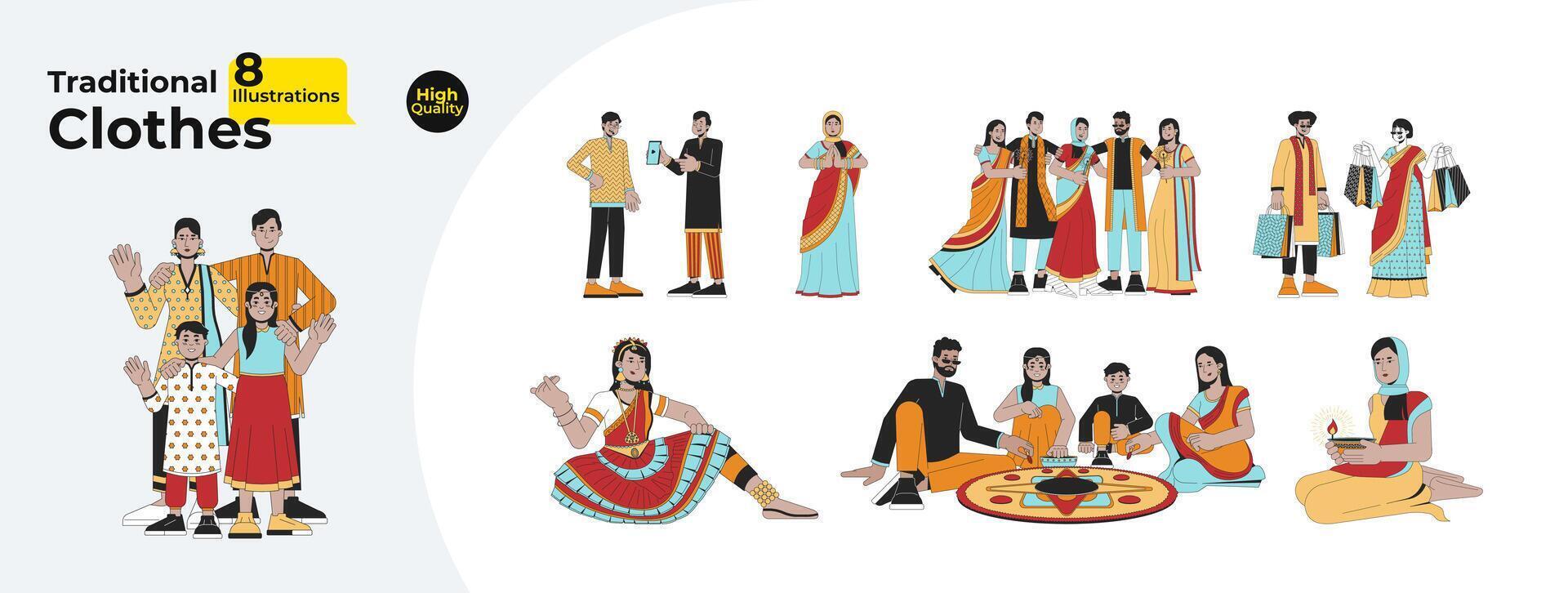 mångkulturell diwali människor linje tecknad serie platt illustration bunt. etnisk ha på sig indisk 2d linjekonst tecken isolerat på vit bakgrund. hindu Deepawali festival vektor Färg bild samling