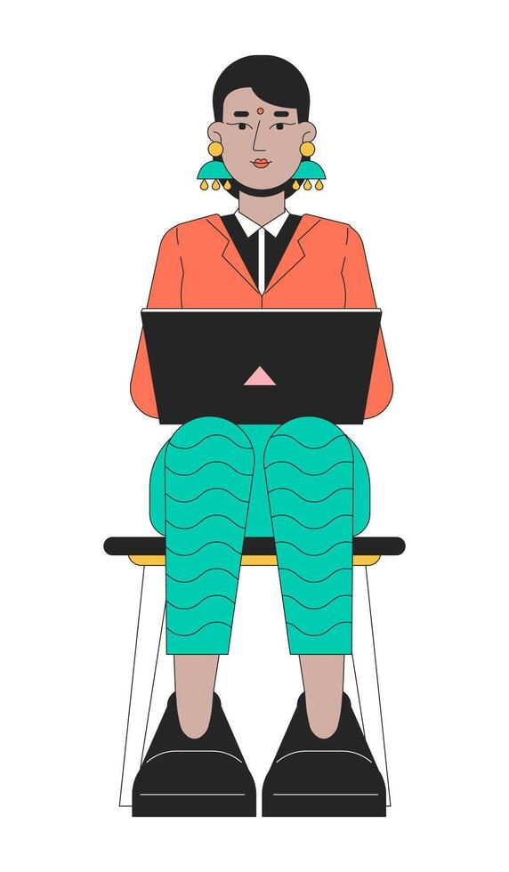 indisch Frau Job Sucher 2d linear Karikatur Charakter. Tippen Laptop Süd asiatisch weiblich isoliert Linie Vektor Person Weiß Hintergrund. Treffen geplanter Termin Interview Farbe eben Stelle Illustration