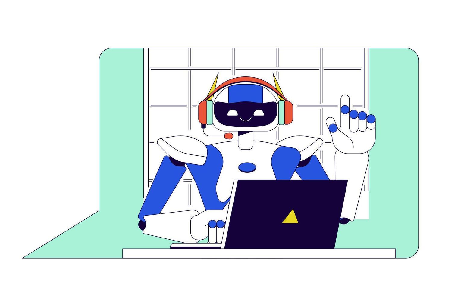 chatt bot på bärbar dator 2d linjär tecknad serie karaktär. robot hört kunder uppkopplad isolerat linje vektor personlighet vit bakgrund. artificiell intelligens integration Färg platt fläck illustration