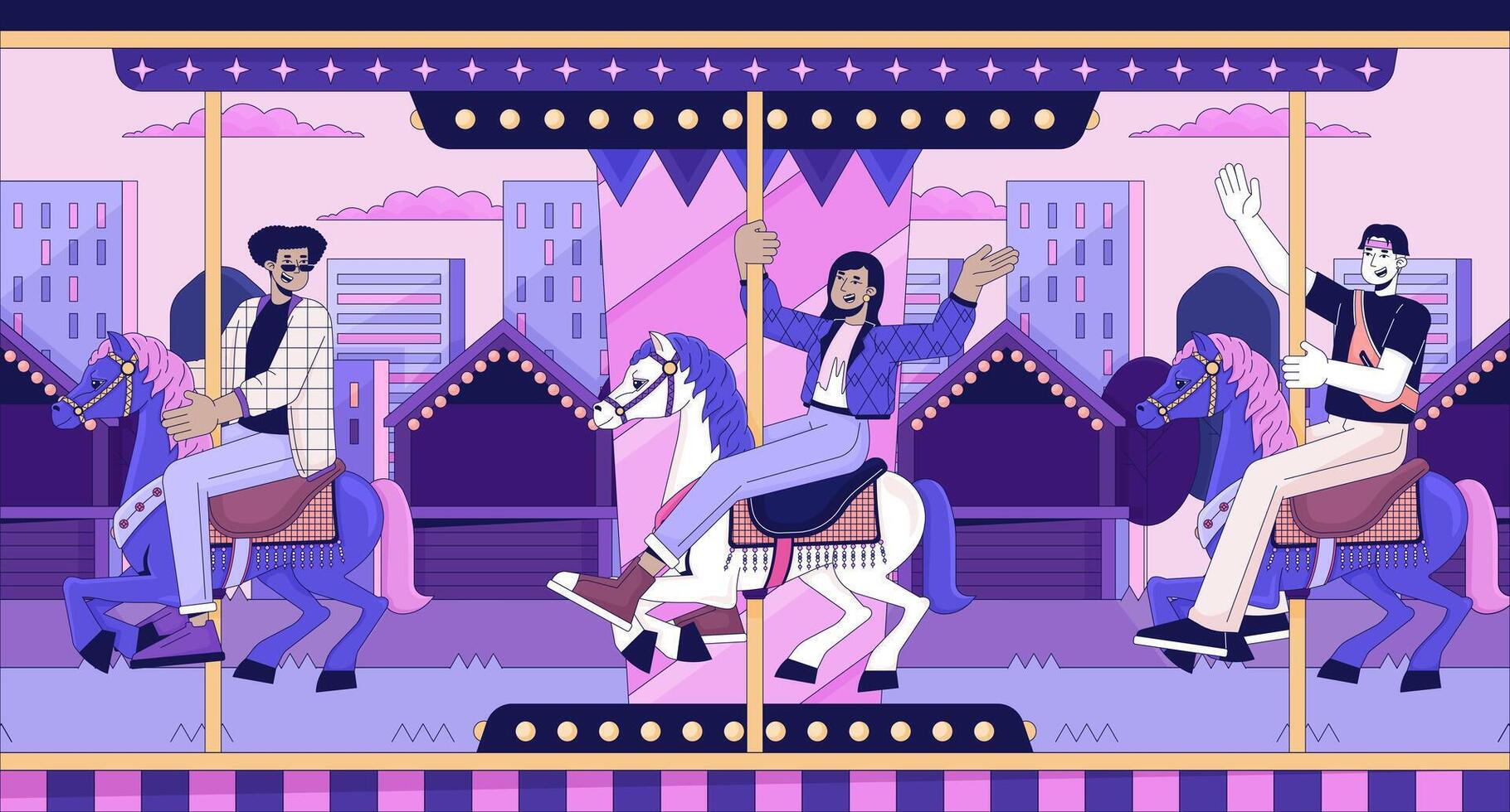 vänner på karusell nöje parkera linje tecknad serie platt illustration. rondell roligt olika ung vuxna 2d linjekonst stadsbild bakgrund. rättvis merry-go-round. lo fi vibrafon scen vektor Färg bild