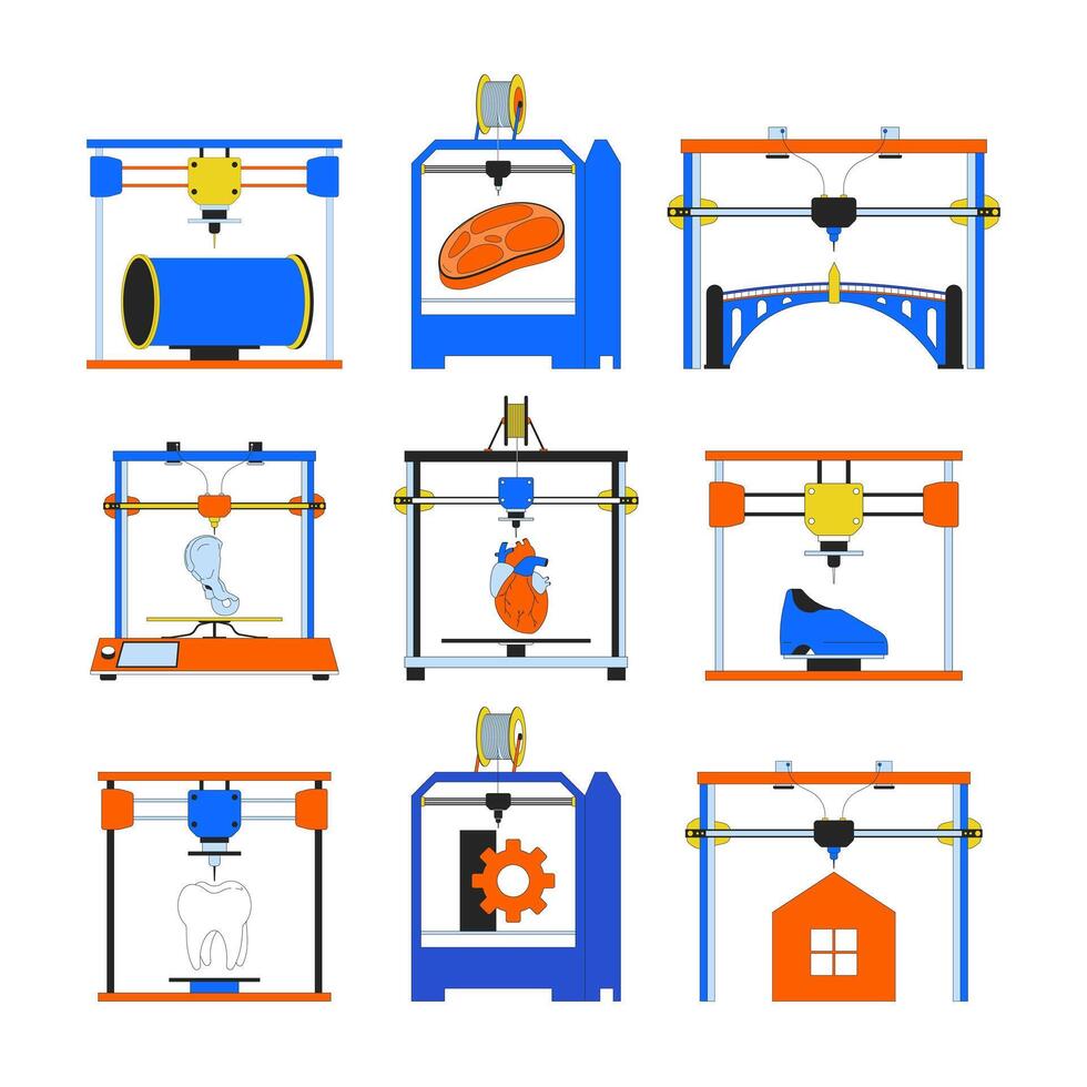 3d gedruckt Produkte und Teile 2d linear Karikatur Objekte Satz. Zusatzstoff Herstellung Maschinen isoliert Linie Vektor Elemente Weiß Hintergrund. 3d Drucker Farbe eben Stelle Illustration Sammlung