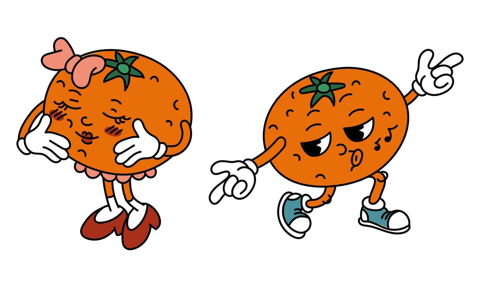 retro Paar von groovig Orange Früchte. emotional Aufkleber mit komisch Comic Buch Figuren, behandschuhte Hände, ein Junge und ein Mädchen. Orangen mit Emotionen auf ihr Gesicht. cool Früchte. komisch j2k, 70er, 60er, retro vektor