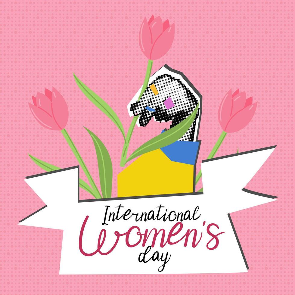 kvinnas hand med en blomma i tulpaner. de text i de utfodra är internationell kvinnors dag. en kvinnas prickar hand med tulpaner, gul ärm. grunge, collage, halvtoner, prickar. de baner är rosa vektor