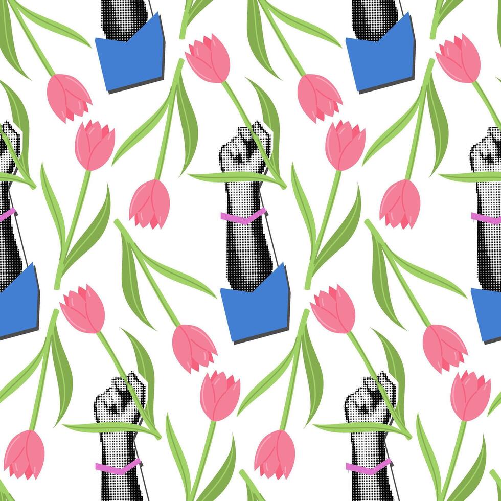 Muster von ein Frau Hand auf wiederholen mit ein Blume. Vektor Illustration von weiblich Hände halten Blumen auf Weiß. elegant Blumen- Textur mit Tulpen. International Damen Tag. Punkte, Grunge, Collage