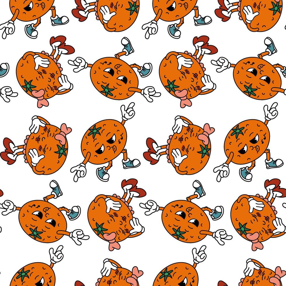 retro frukt mönster i de form av en par av orange spår. söt retro pojke och flicka tecken. Häftigt årgång sommar sömlös mönster. modern gammal stil. de 1970-talet. känslor av frukter. förpackning. vektor