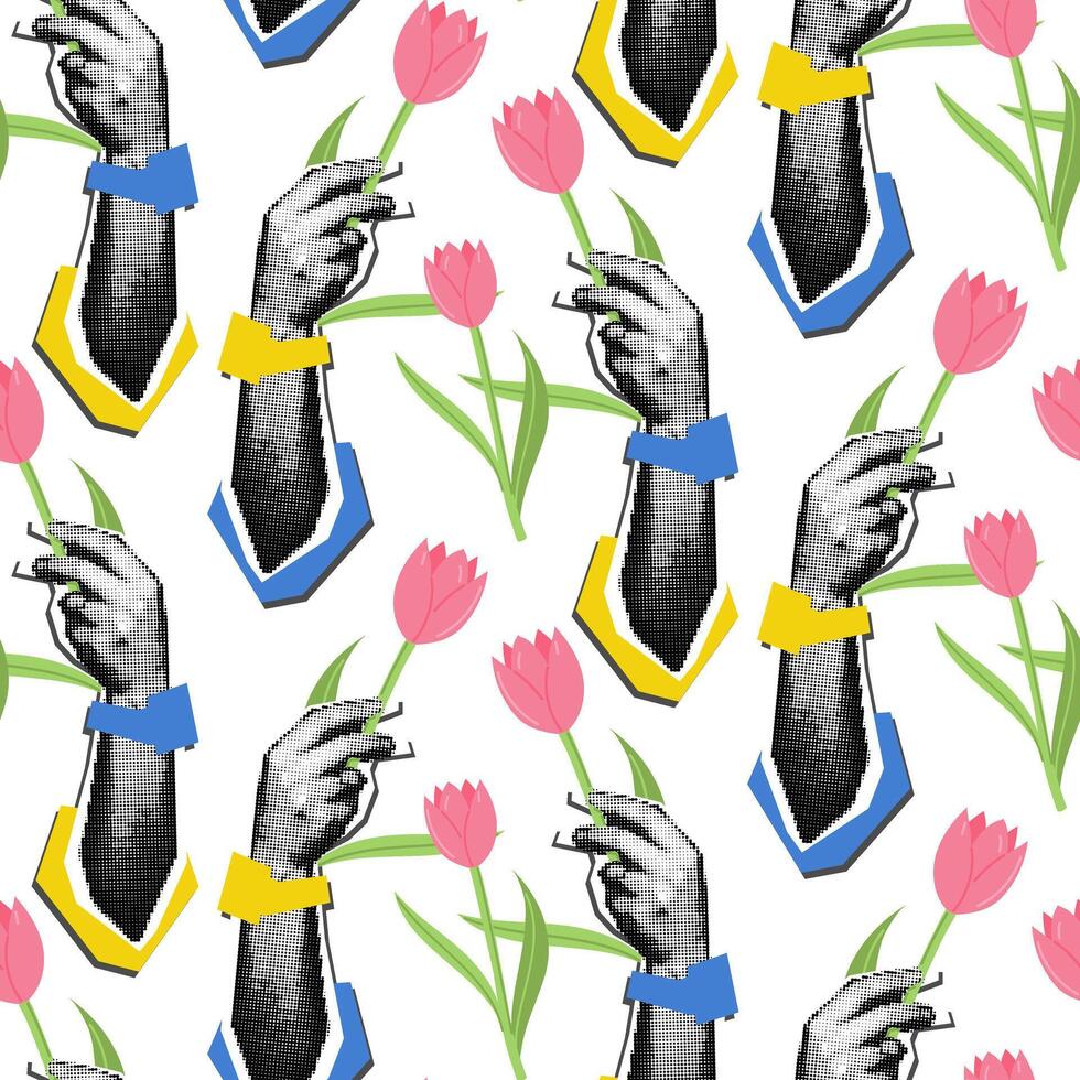 mönster av en kvinnas hand på upprepa med en blomma. vektor illustration av kvinna händer innehav blommor markerad på vit. elegant blommig textur med tulpaner Lycklig kvinnors dag. prickar, grunge, collage