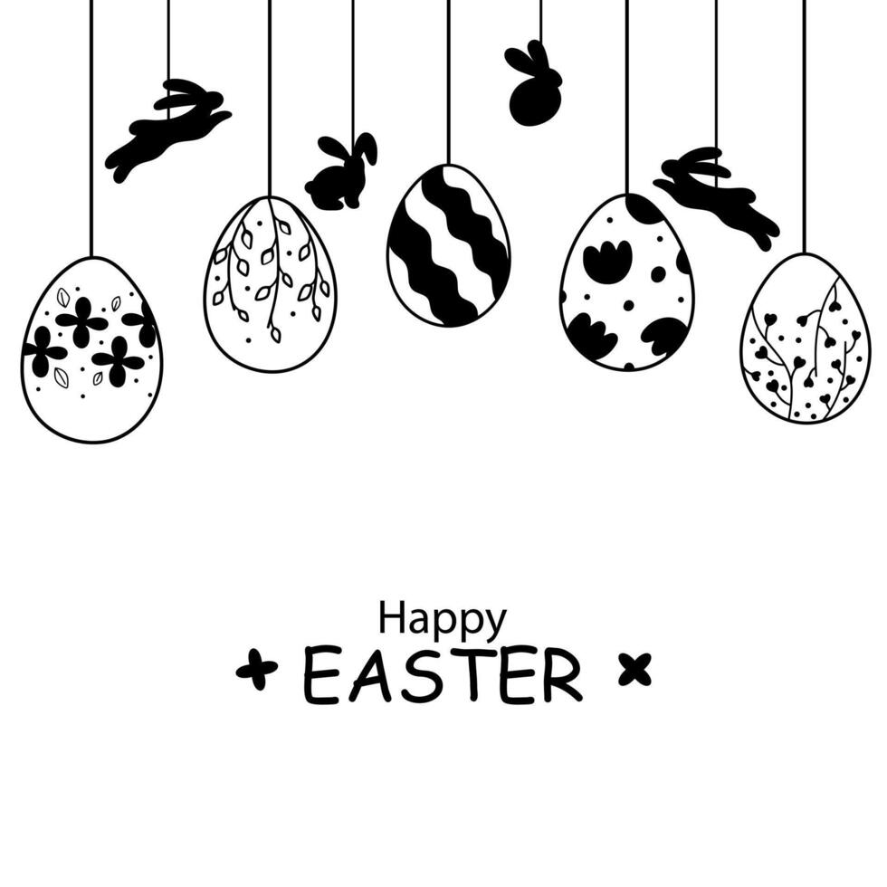 påsk kort med krans av årgång påsk ägg och kaniner på vit bakgrund med plats för din text. krans med silhuetter av årgång ägg suspenderad på strängar med kaniner. vektor