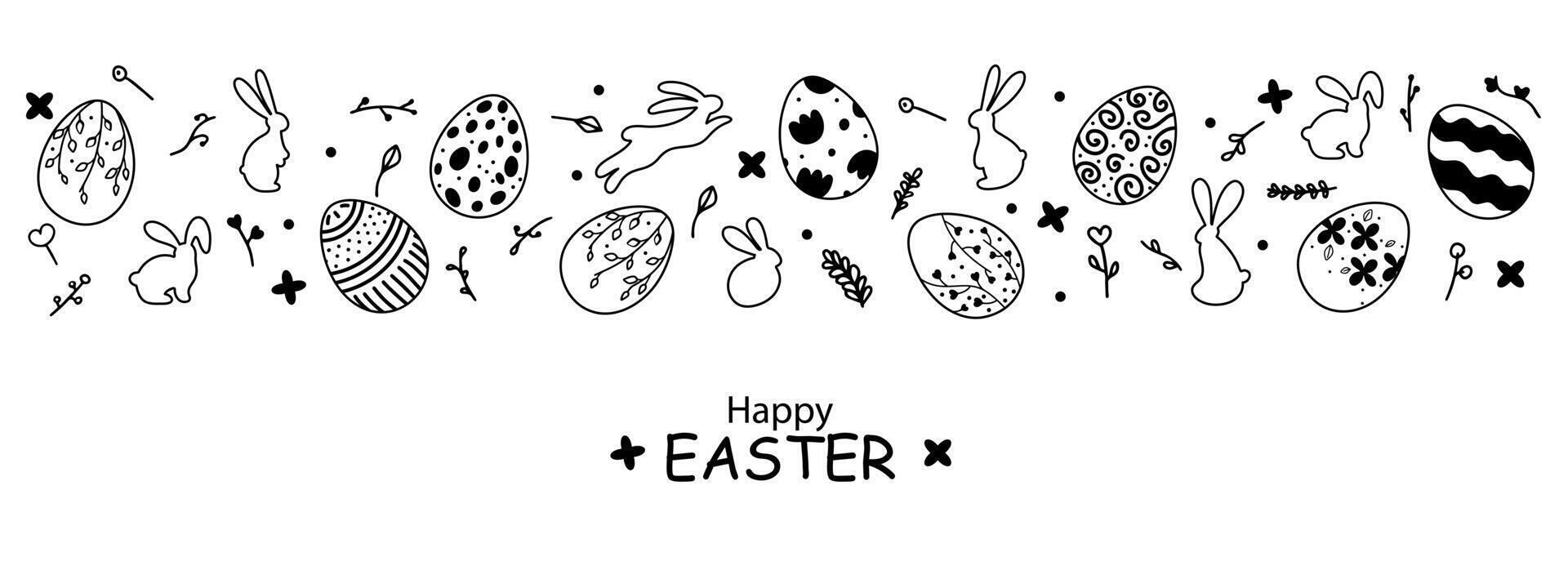 Ostern Banner im Gekritzel Stil. schwarz und Weiß Banner zum Netz Design mit handgemalt Ostern Eier, ein Silhouette von Hase und Blumen- Anordnung. Dort ist kostenlos Raum zum Ihre Text. vektor