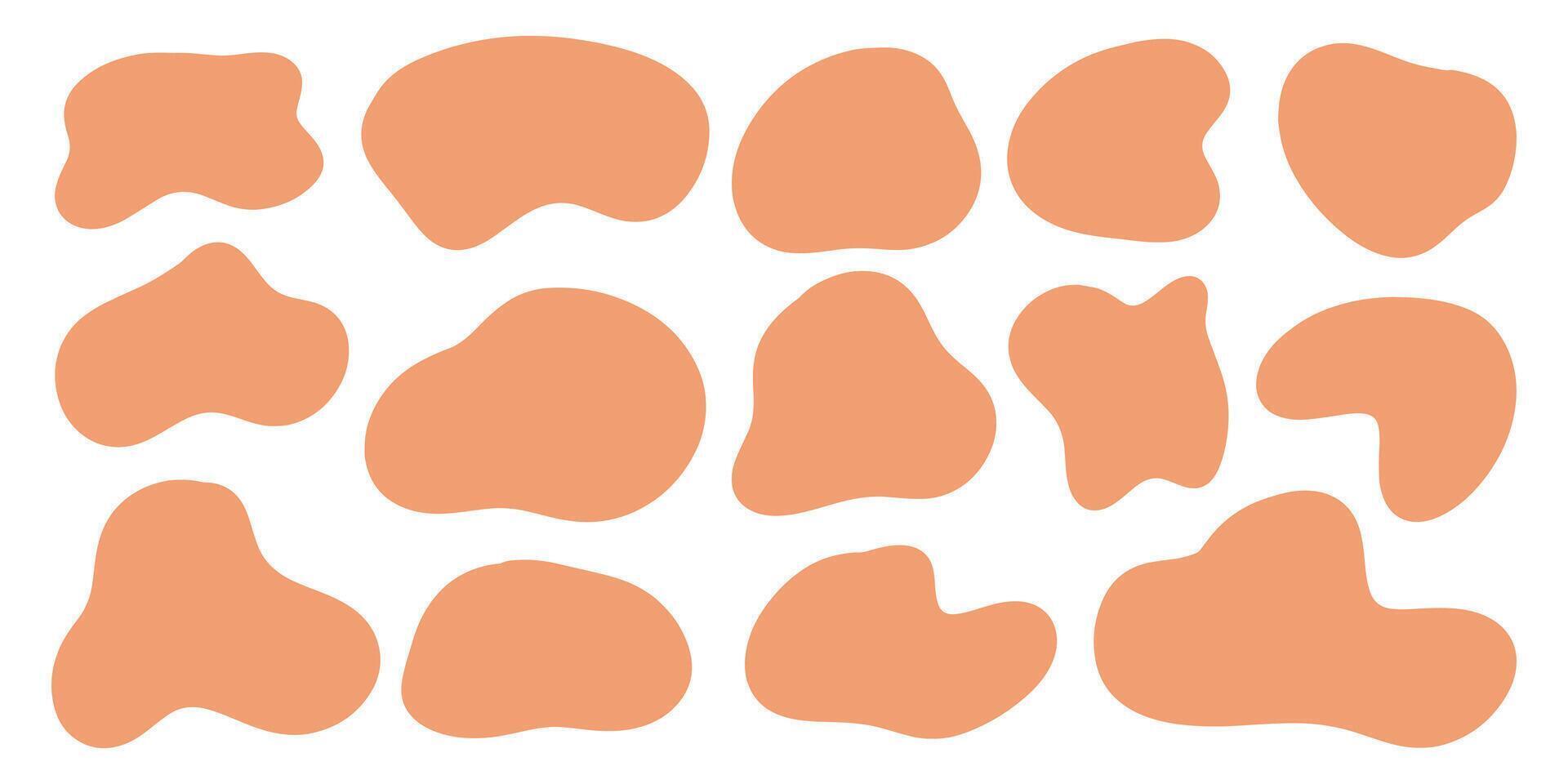 einstellen von abstrakt geformt Aufkleber zum einzigartig modern Entwürfe. 14 abstrakt fließend Formen auf Weiß Hintergrund. Orange Aufkleber zum Hinzufügen Text, Erstellen Muster und Muster, Design und Drucken vektor
