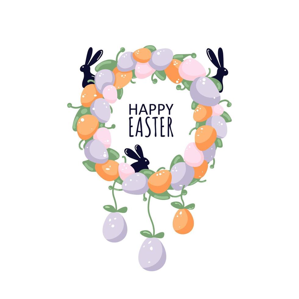 påsk krans i de stil av dröm stoppare med påsk färgad ägg i rosa, lila och orange. påsk dekoration krans med kaninens silhuett isolerat på vit bakgrund. vektor