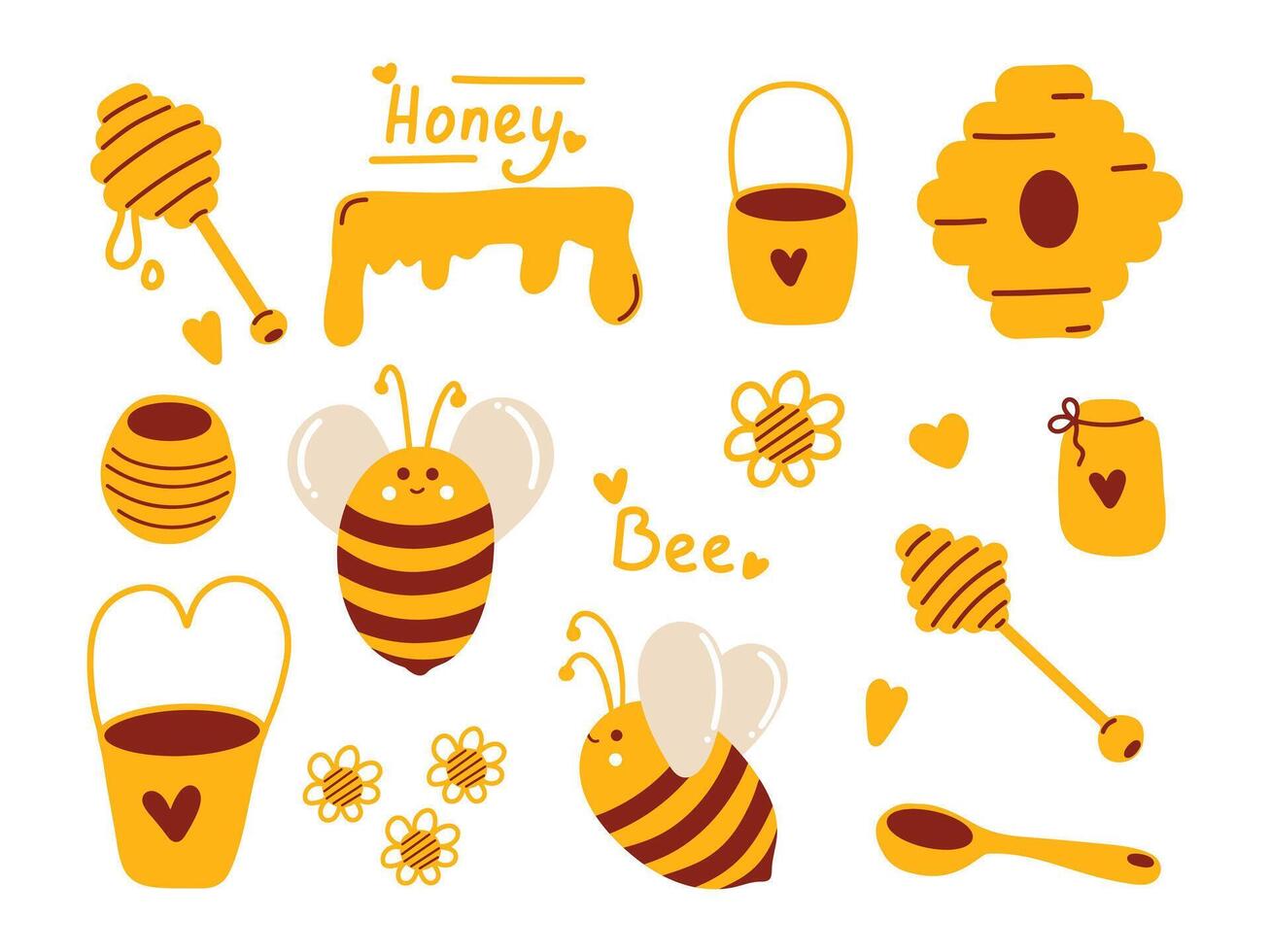 Honig einstellen mit Bienen zum einzigartig und minimalistisch Verpackung Design von Honig Produkte und zum Bienenzucht. Bienenstock, Krug Eimer zum Bienen, Blume, Honig fallen und süß Bienen. vektor