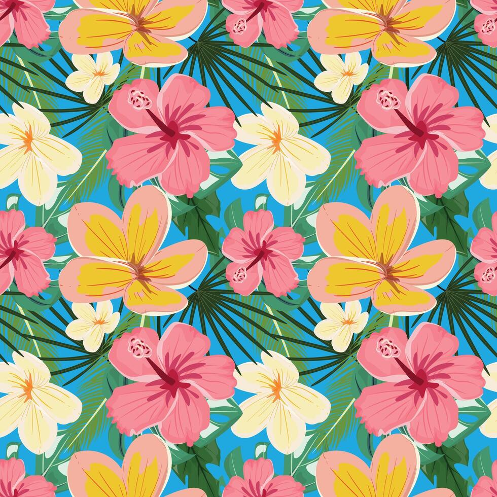 nahtlos Blumen- Muster mit Hibiskus, Plumeria und üppig Blätter auf Blau Hintergrund vektor