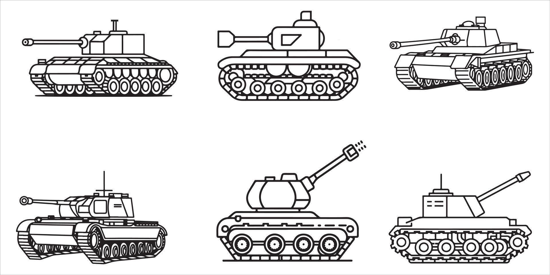 ein einstellen von Panzer einstellen Gliederung Vektor Illustration auf Weiß Hintergrund