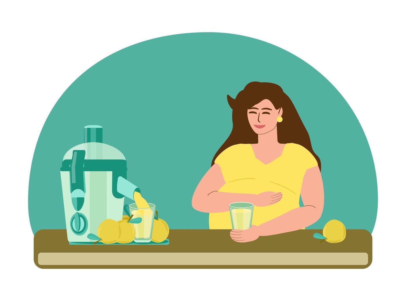 en gravid ung kvinna drycker nyligen pressas päron juice. en ung kvinna sitter på en tabell, innehav en glas av juice i henne händer, Nästa till ett elektrisk juicepress och frukt. graviditet, friska äta vektor