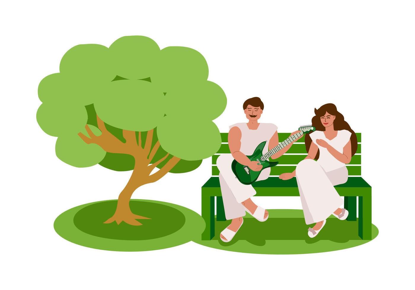 ein Mann Theaterstücke das Gitarre, ein Frau hört zu. ein Familie, ein jung Paar im Liebe, ein Mann und ein Frau, sitzen auf ein Park Bank in der Nähe von ein Baum im das Sommer. Liebe, Datum, Entspannung. Vektor Karikatur Illustration.
