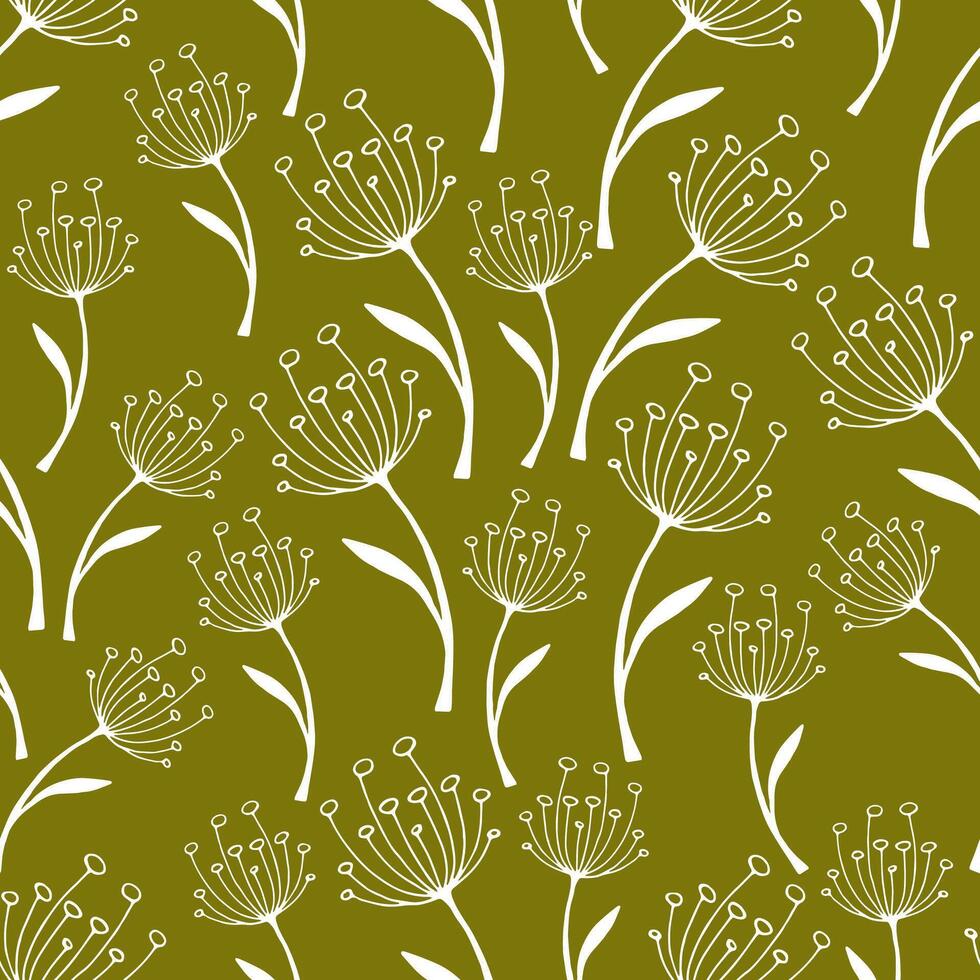 sömlös botanisk mönster av vit kvistar på en grön bakgrund. vektor höst illustration av torkades växter och torkades blommor för utskrift på förpackning, tapet, tyg, webb design