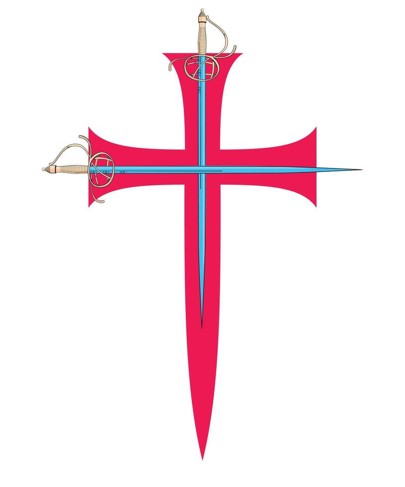 Vektor Illustration von zwei Schwerter Zusammenstoß Über ein rot Kreuz. Ideal Design zum Ritterlichkeit und Abenteuer Comics.