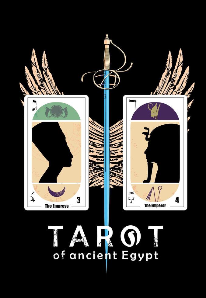 Tarot von uralt Ägypten. T-Shirt Design von ein geflügelt Schwert und zwei Tarot Karten namens das Kaiserin und das Kaiser isoliert auf schwarz vektor