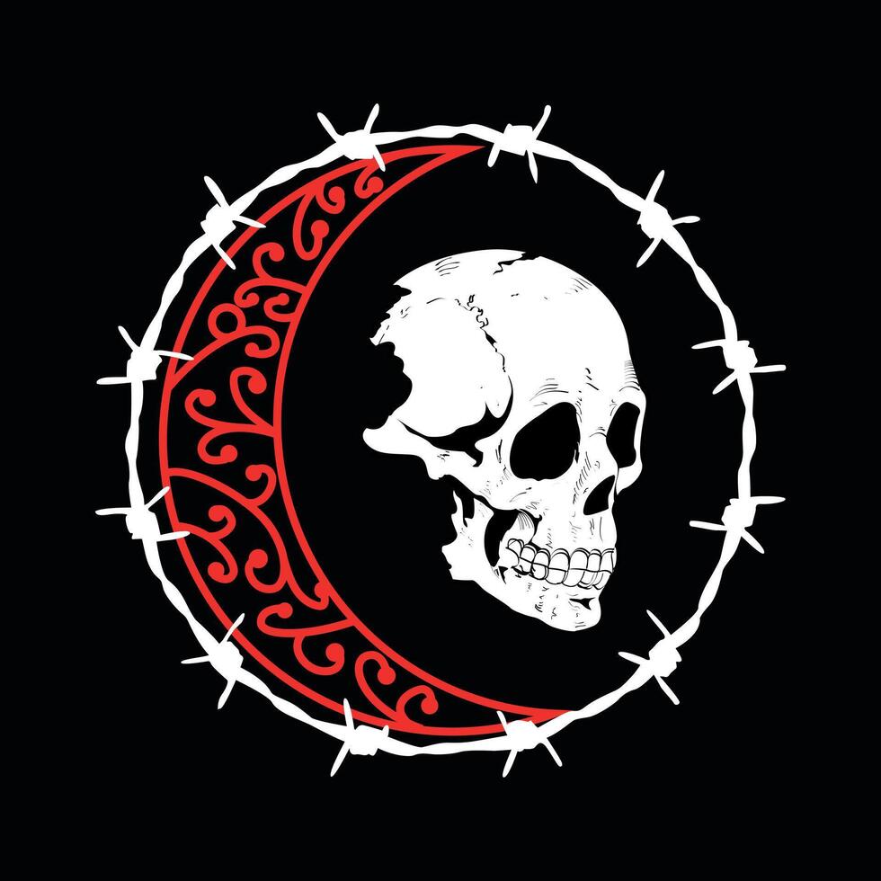 T-Shirt Design von ein Schädel umgeben durch mit Widerhaken Draht und ein rot Halbmond auf ein schwarz Hintergrund. vektor