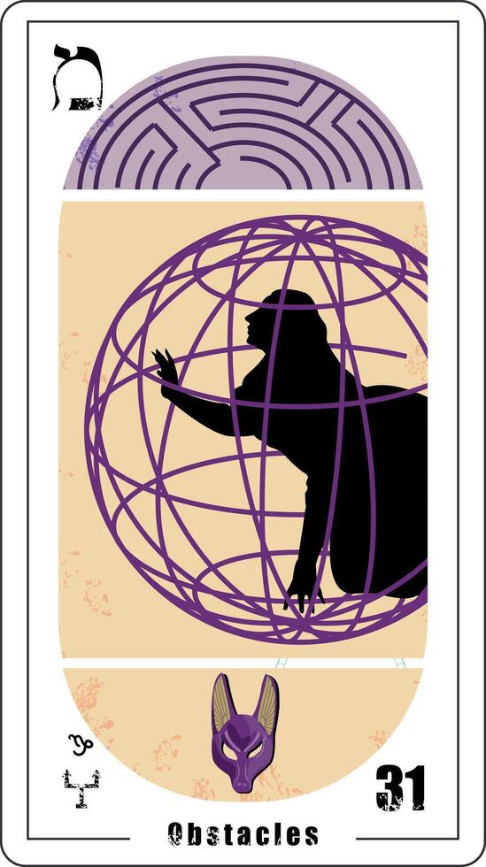 ägyptisch Tarot Karte Nummer einunddreißig, namens das Hindernis. Silhouette von Frau gesperrt oben und ein Labyrinth. Uranus im Steinbock. vektor