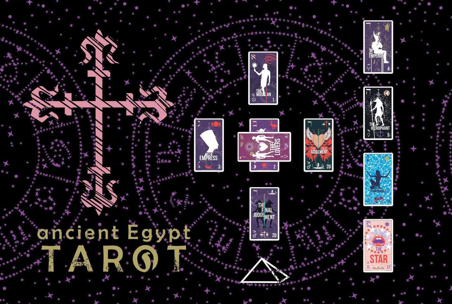 gammal egyptisk tarot. layout av olika tarot kort i en kort spridning exempel på blå och starry bakgrund. esotericism och spådom. vektor