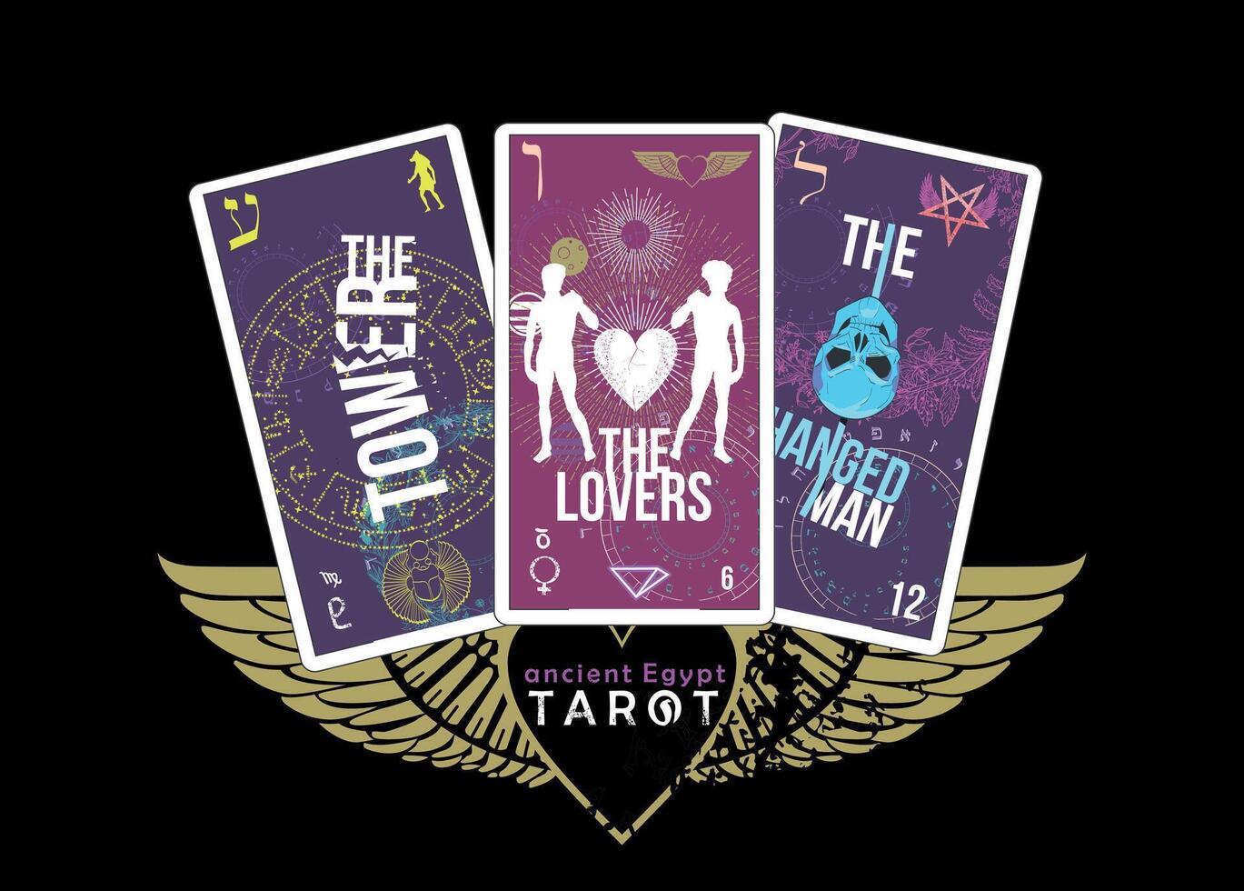 uralt ägyptisch Tarot. T-Shirt Design mit drei ägyptisch Tarot Karten entlang mit ein Herz Symbol mit Flügel. vektor