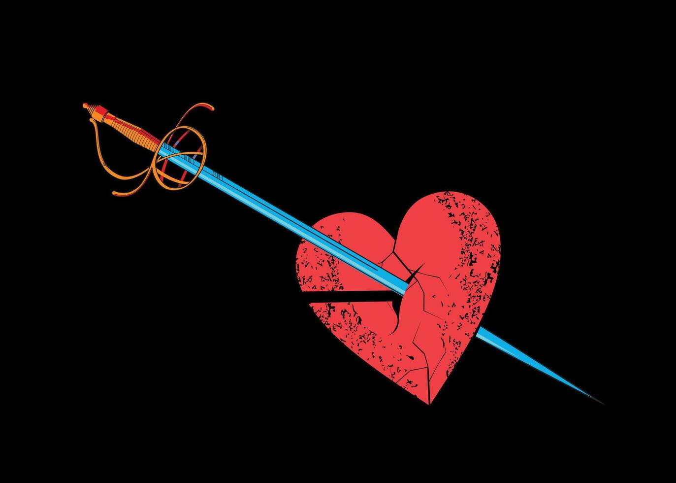 t-shirt design av en röd hjärta genomborrad förbi en renässans svärd. illustration för hjärtans dag. vektor