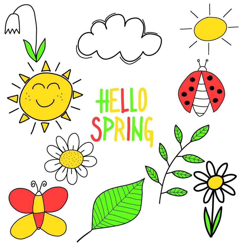 Hallo Frühling Text, saisonal Hand gezeichnet Frühling Vektor Satz, Pflanzen, Blumen, Schmetterling, Sonne, Marienkäfer, Kritzeleien, kritzelt