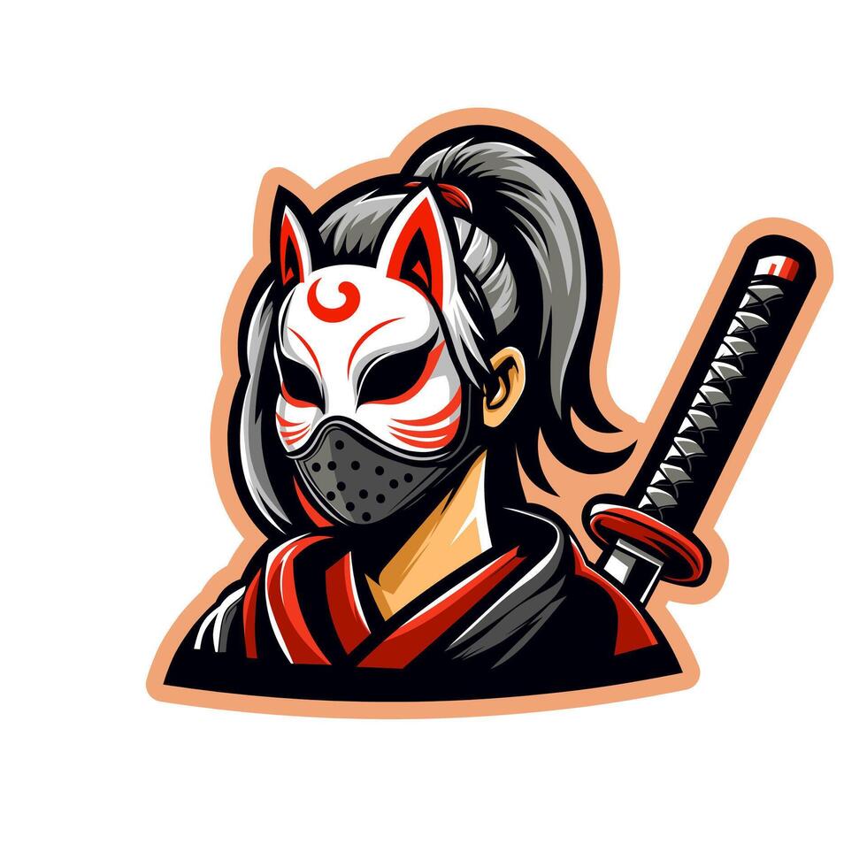 Mädchen Ninja Charakter Esport Logo. Kitsune Maske Maskottchen Logo Design Vektor mit modern Illustration Konzept Stil zum Abzeichen, Embleme und Esport Mannschaften.