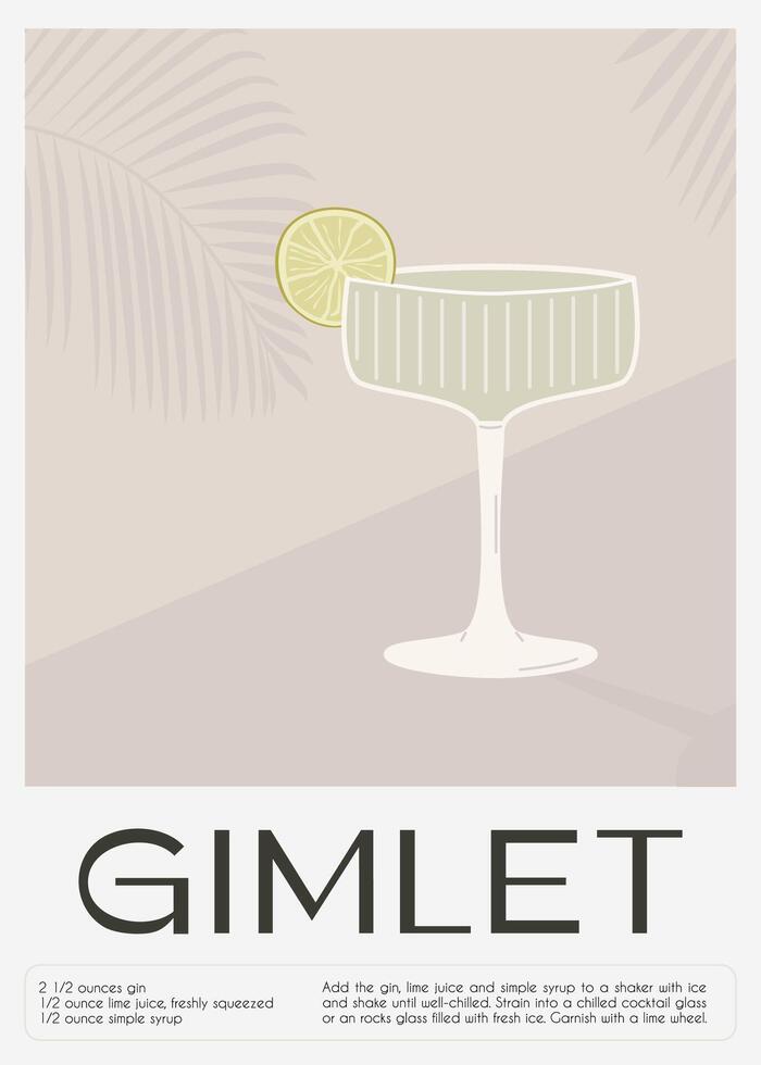 Handbohrer klassisch Cocktail Garnierung mit Limette Scheibe. klassisch alkoholisch Getränk Rezept Mauer Kunst drucken. Sommer- Aperitif Poster im stumm geschaltet Farbe. minimalistisch alkoholisch trinken Plakat. Vektor eben Illustration.