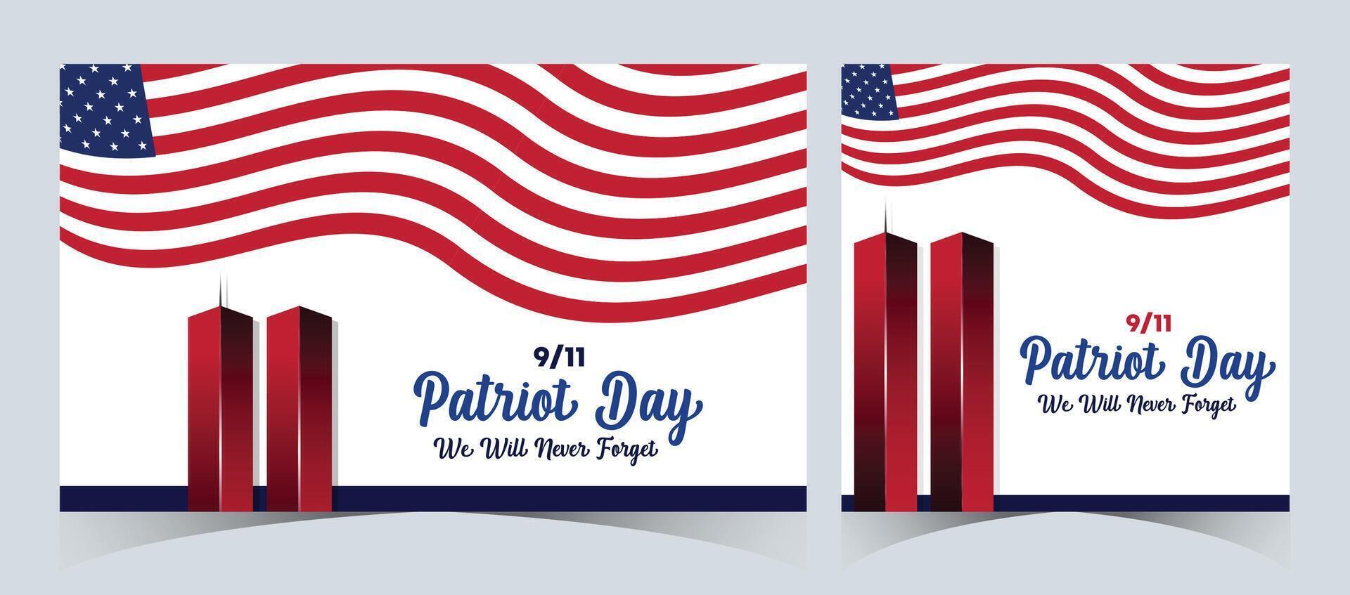 uppsättning av minns september 9 11. patriot dag. september 11. aldrig glömma USA 9 11. tvilling torn på amerikan flagga. värld handel Centrum nio elva. vektor design mall i röd, vit, och blå Färg