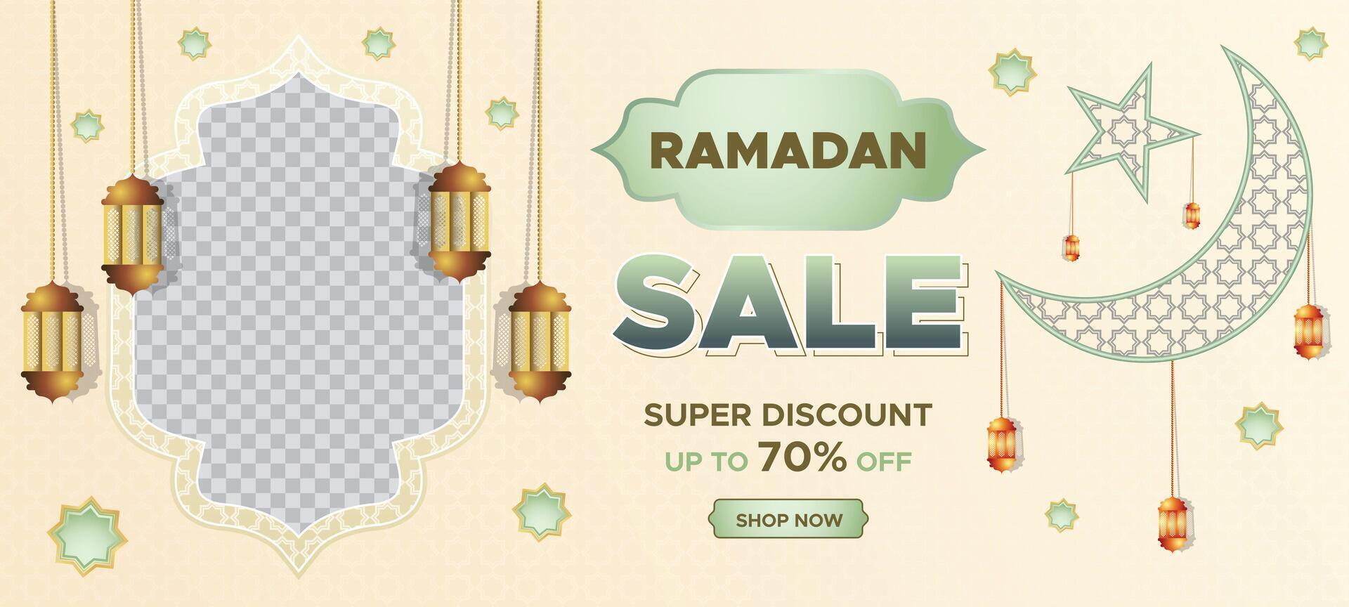 ramadan kareem super försäljning webb baner bakgrund med tom Plats för de Foto. ramadan stor försäljning befordran affisch och social media posta. elegant islamic särskild befordran baner design mall vektor