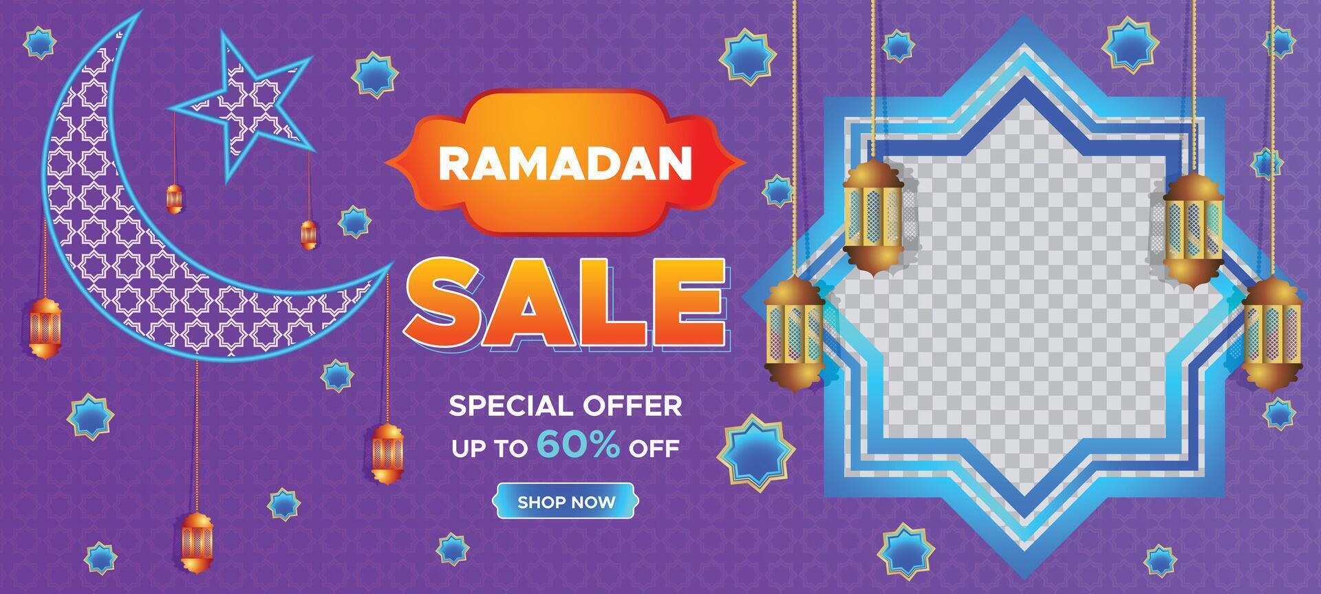 ramadan kareem super försäljning webb baner bakgrund med tom Plats för de Foto. ramadan stor försäljning befordran affisch och social media posta. elegant islamic särskild befordran baner design mall vektor