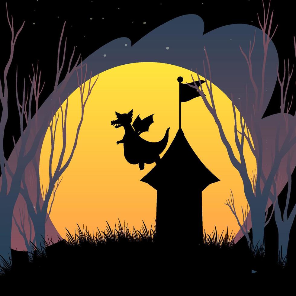 Halloween-Nachthintergrund mit Drachen- und Turmsilhouette vektor