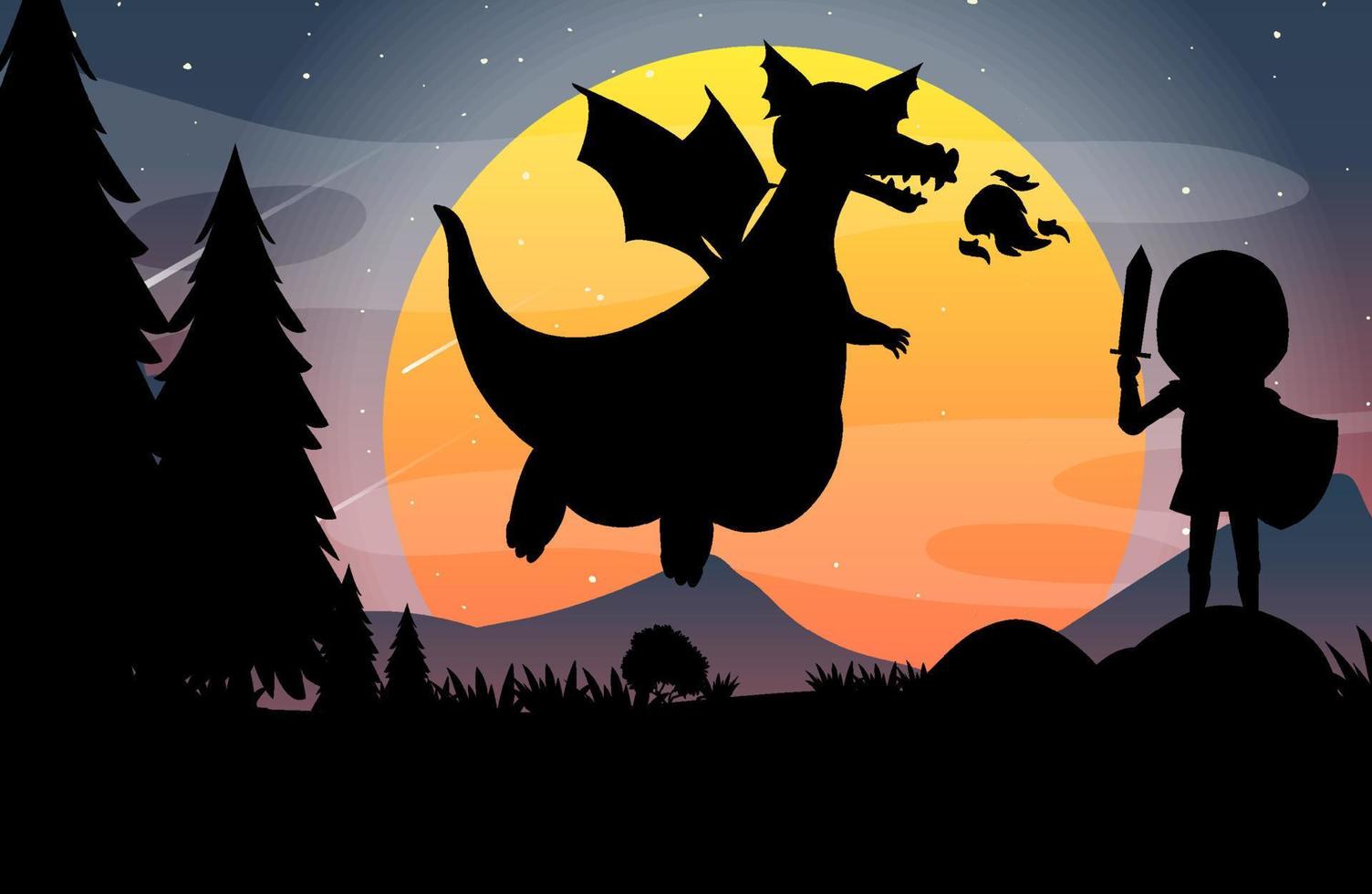 halloween natt bakgrund med drake och riddare siluett vektor
