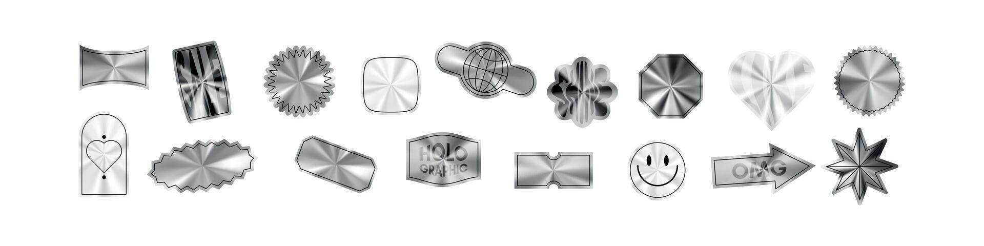 silver- metall klistermärke med lutning, cirkulär täta eller emblem. texturerad folie mönster för bricka eller logotyp. platt vektor illustration isolerat på vit bakgrund.