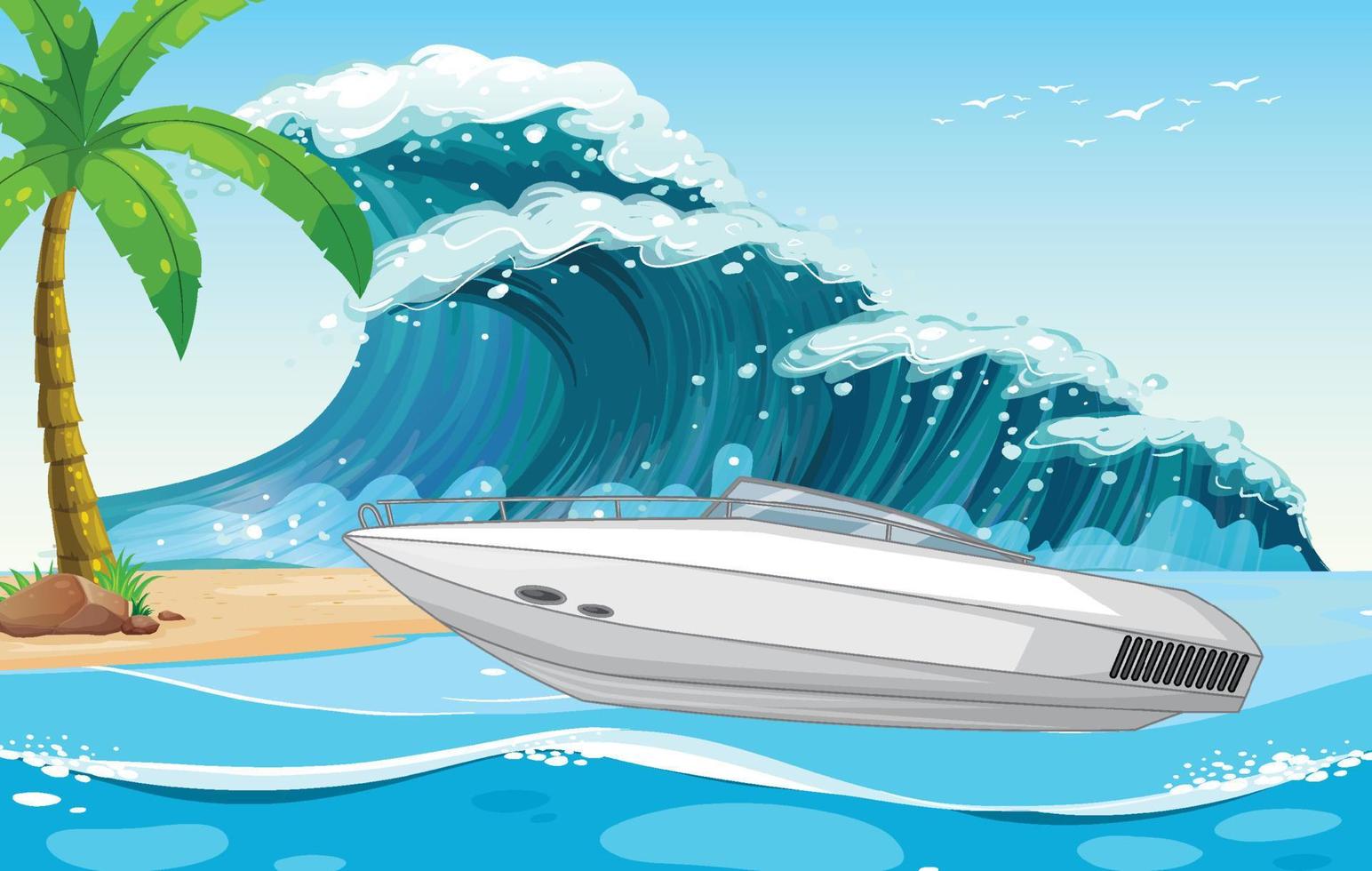 strandscen med snabbbåt på havsvåg vektor